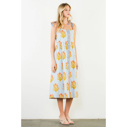 Tie Straps Floral Pattern Button Down Dress - Blue - Spinout