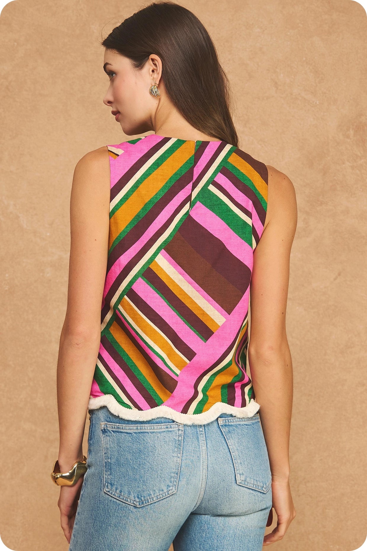 Vibrant Geometric Stripe Scalloped Fringe Sleeveless Top - Brown Multi