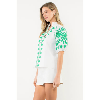 Embroidered Smocked Neck Puff Top - White