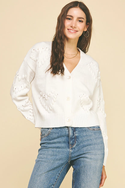 Heart Embroidered Knit Cardigan - White