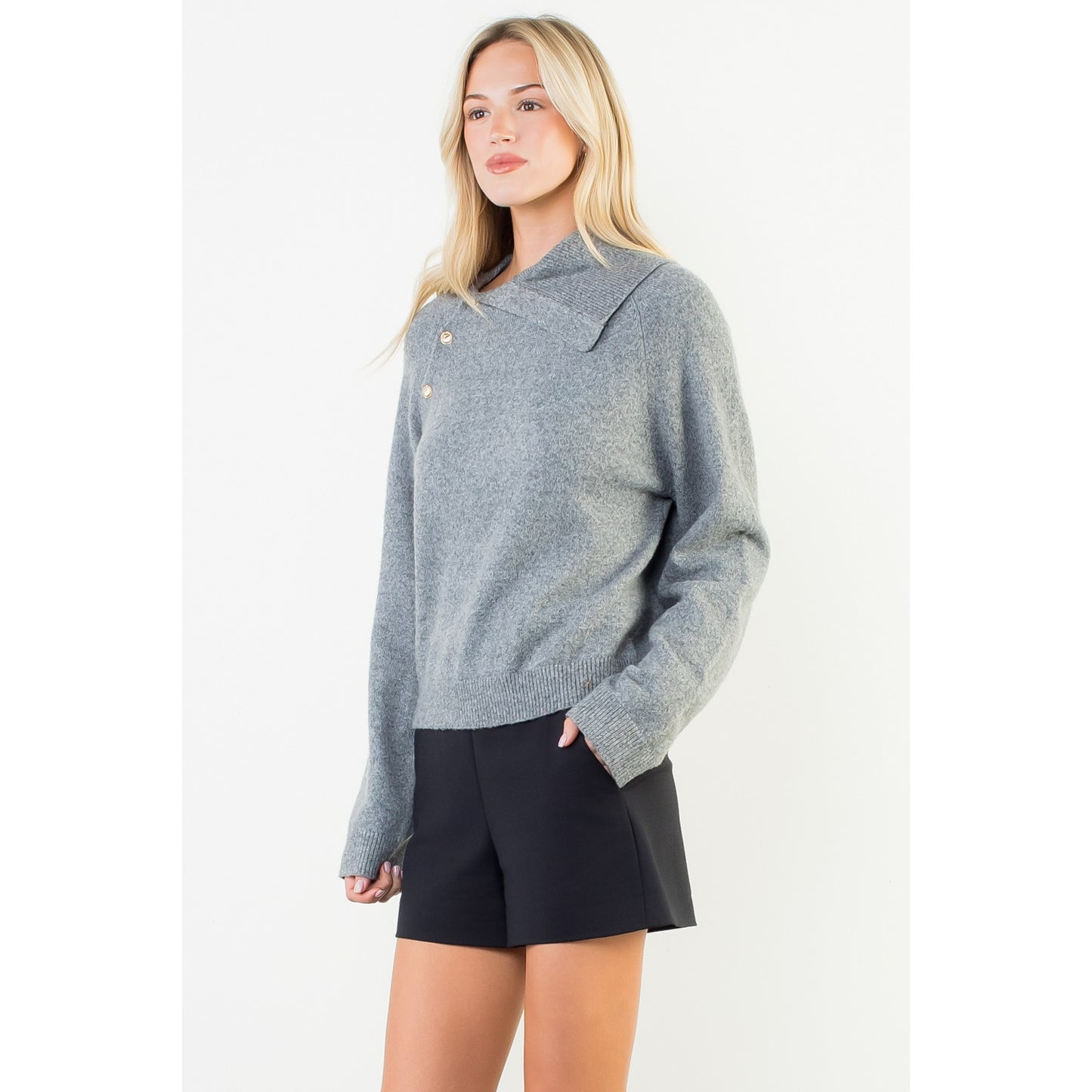 Long Sleeve Knitted Sweater - Heather Gray
