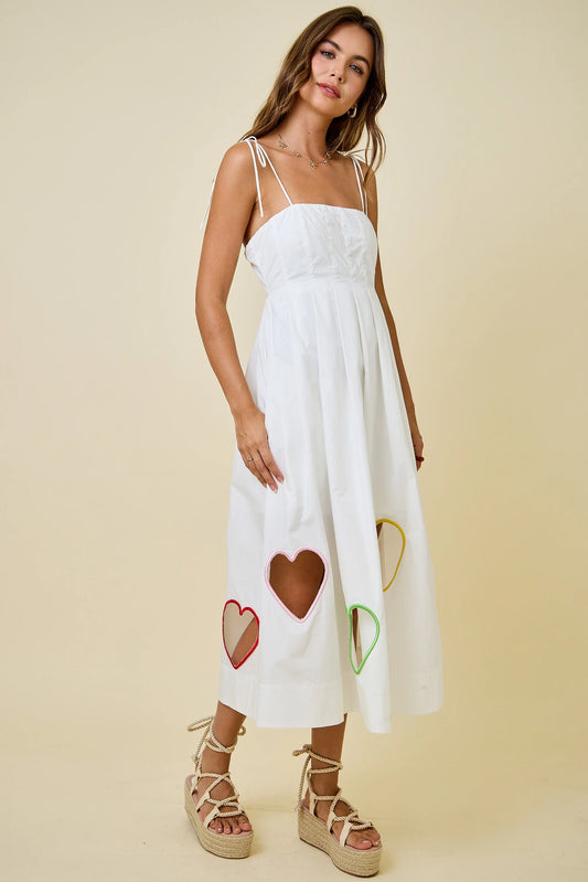 Valentine's Embroidered Hearts Cut Out Midi Dress - White