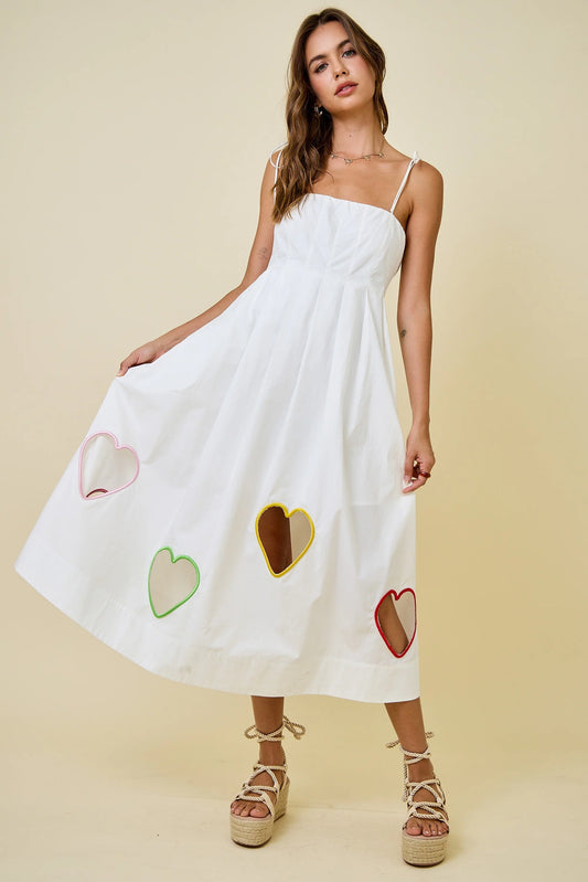 Valentine's Embroidered Hearts Cut Out Midi Dress - White
