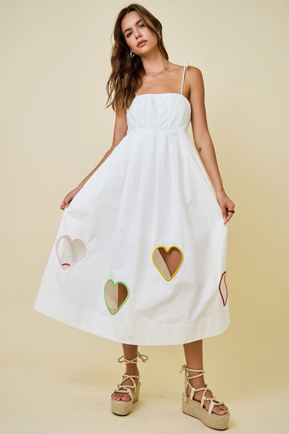 Valentine's Embroidered Hearts Cut Out Midi Dress - White