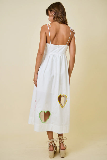 Valentine's Embroidered Hearts Cut Out Midi Dress - White