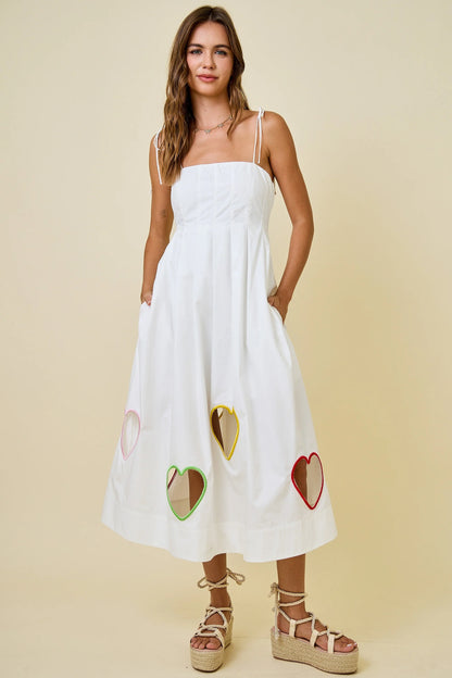 Valentine's Embroidered Hearts Cut Out Midi Dress - White