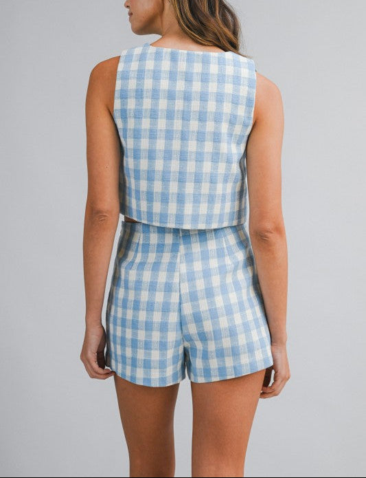 Gingham Scallop Crop Top & Skort Set - Blue