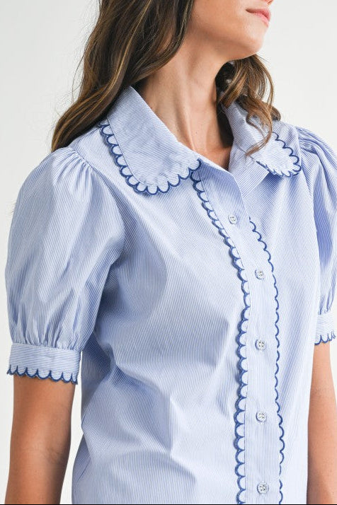 Scallop Collar Stripe Short Sleeve Shirt - Blue