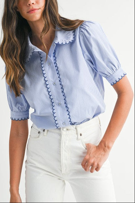 Scallop Collar Stripe Short Sleeve Shirt - Blue