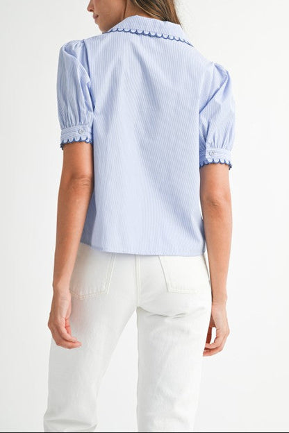 Scallop Collar Stripe Short Sleeve Shirt - Blue
