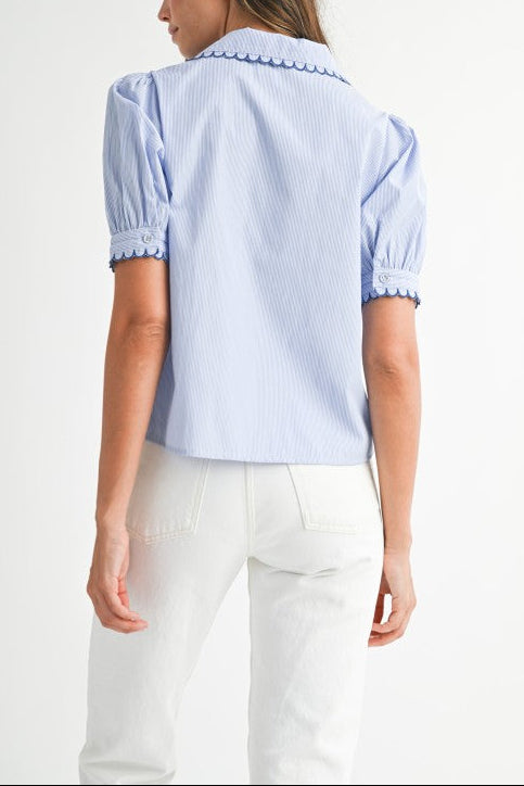 Scallop Collar Stripe Short Sleeve Shirt - Blue