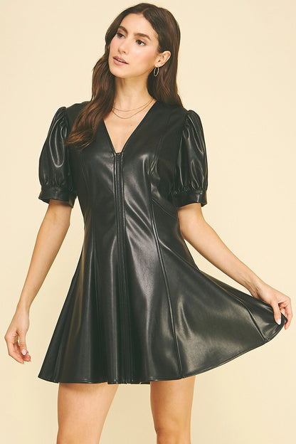 Faux Leather V-Neck Mini Dress - Black