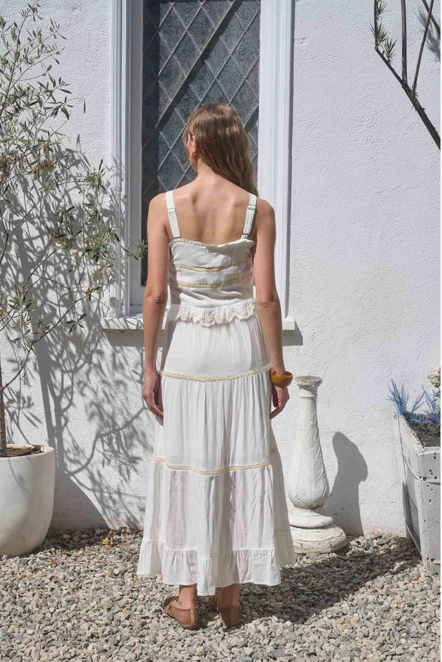 Sleeveless Lace Daisy Trim Midi Dress - Off-White