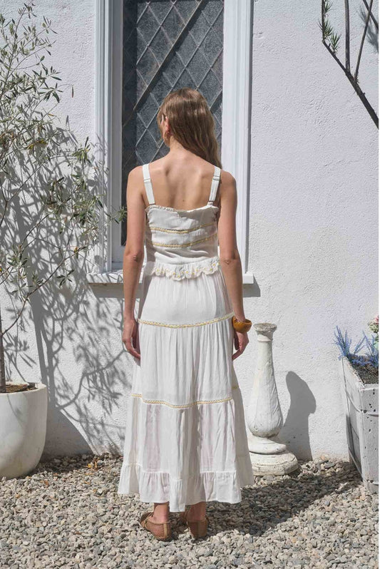 Sleeveless Lace Daisy Trim Midi Dress - Off-White