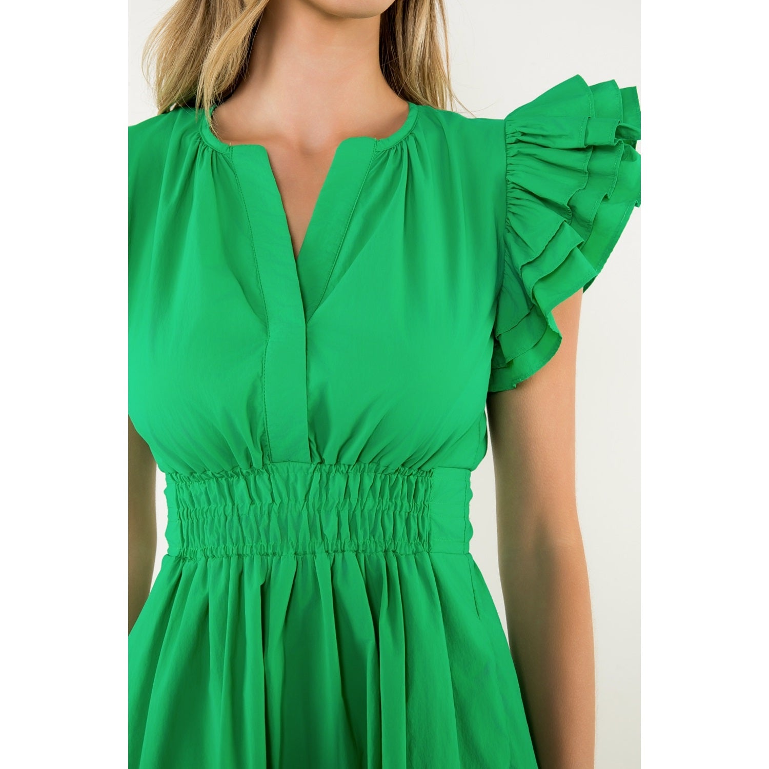 Smocked Waist Ruffle Sleeve Mini Dress - Green