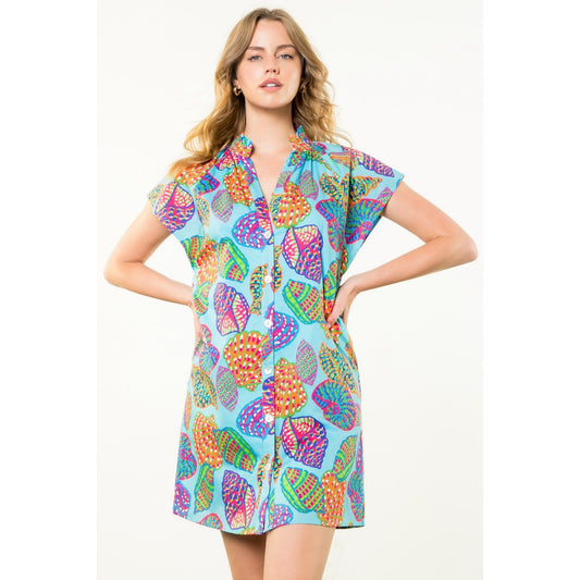 THML - Button Up Print Dress - Blue