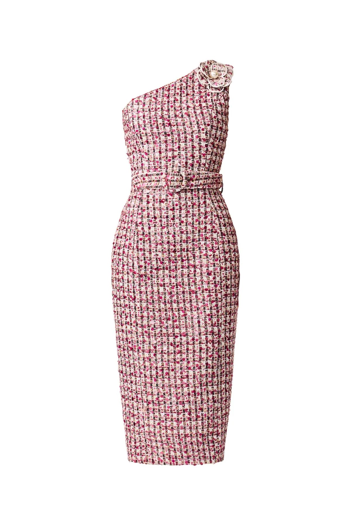 Bianca One Shoulder Tweed Midi Dress in Red
