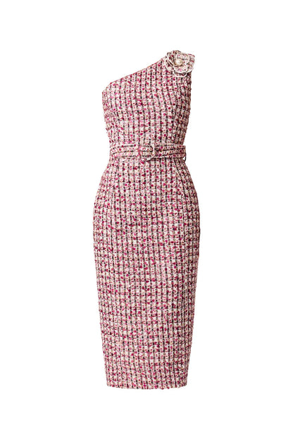 Bianca One Shoulder Tweed Midi Dress in Red