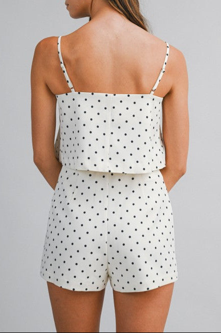 Polka Dot Bow Neckline Strap Top & Skort Set - Cream