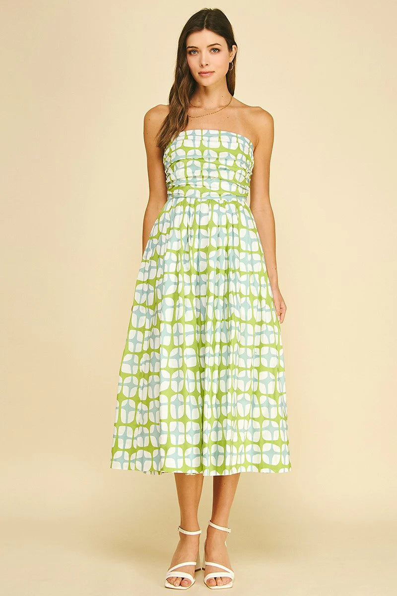 Geometric Print Midi Dress - Aqua Green