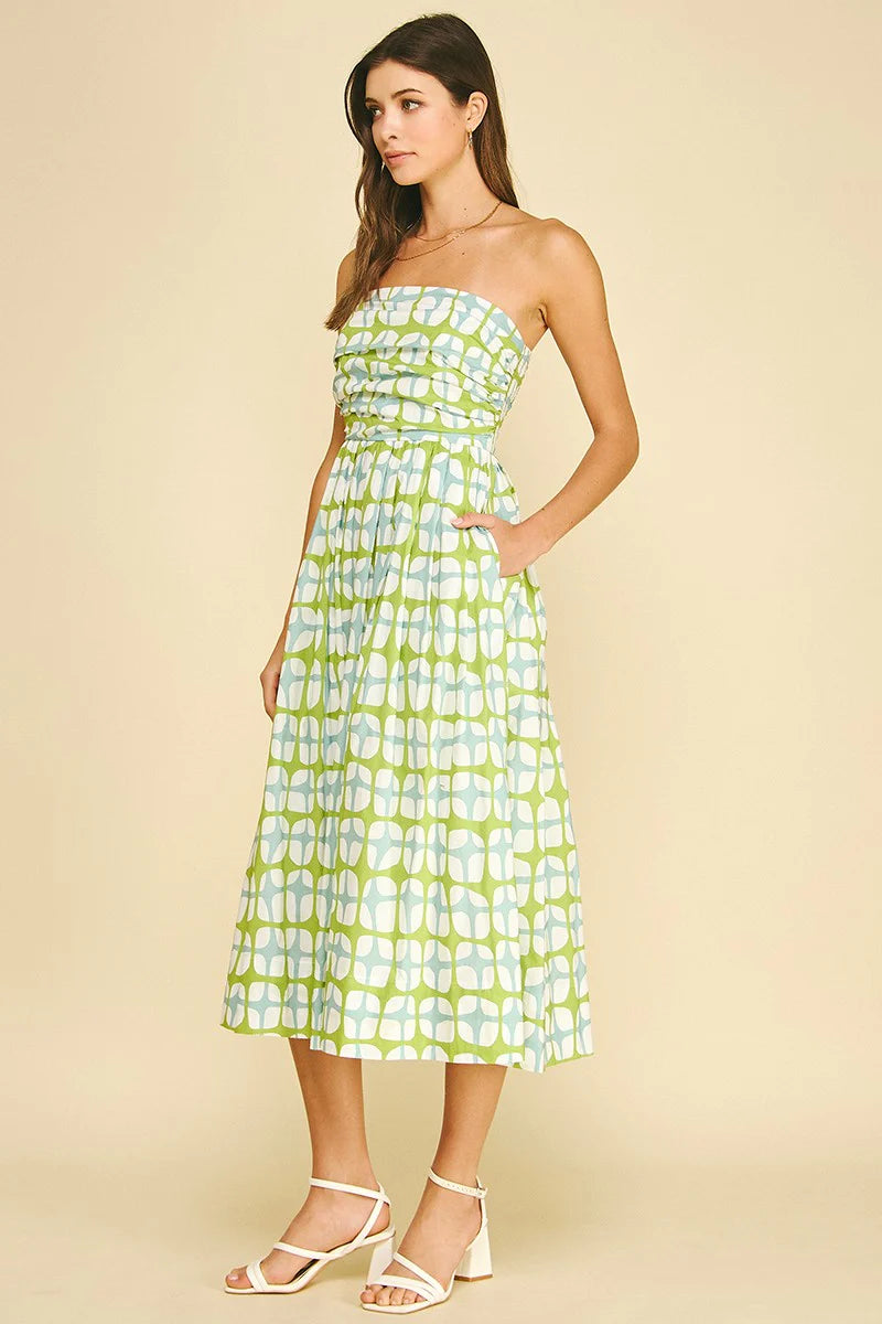 Geometric Print Midi Dress - Aqua Green