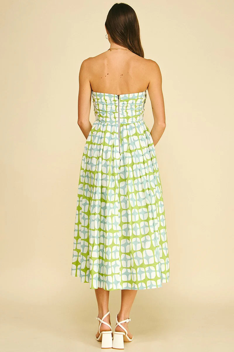 Geometric Print Midi Dress - Aqua Green