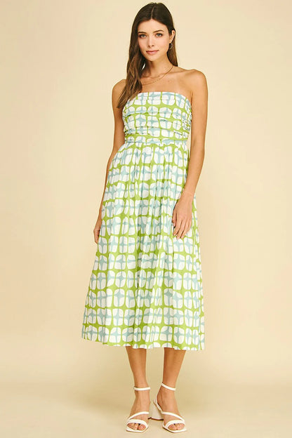Geometric Print Midi Dress - Aqua Green