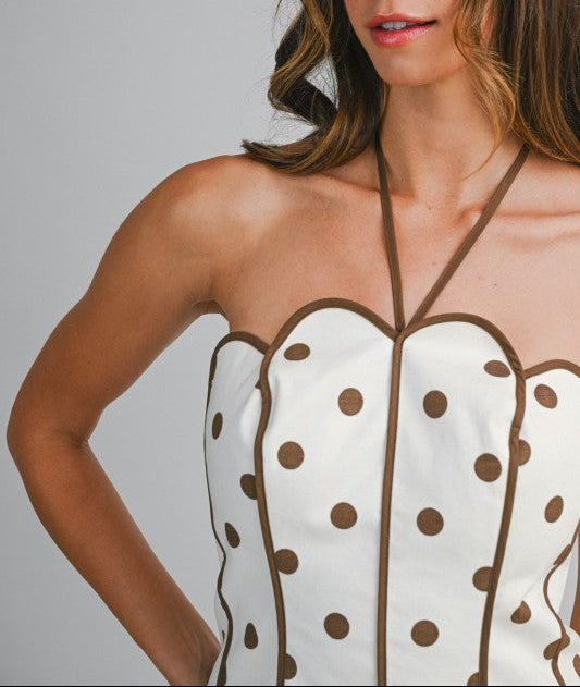 Polka Dot Halter Scallop Mini Dress - Brown