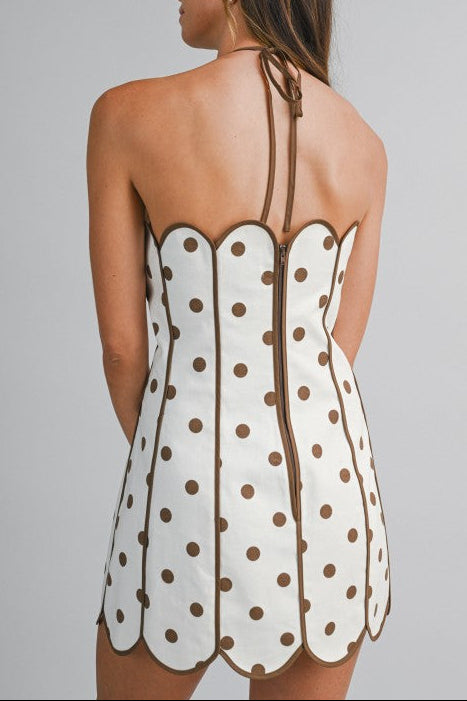 Polka Dot Halter Scallop Mini Dress - Brown