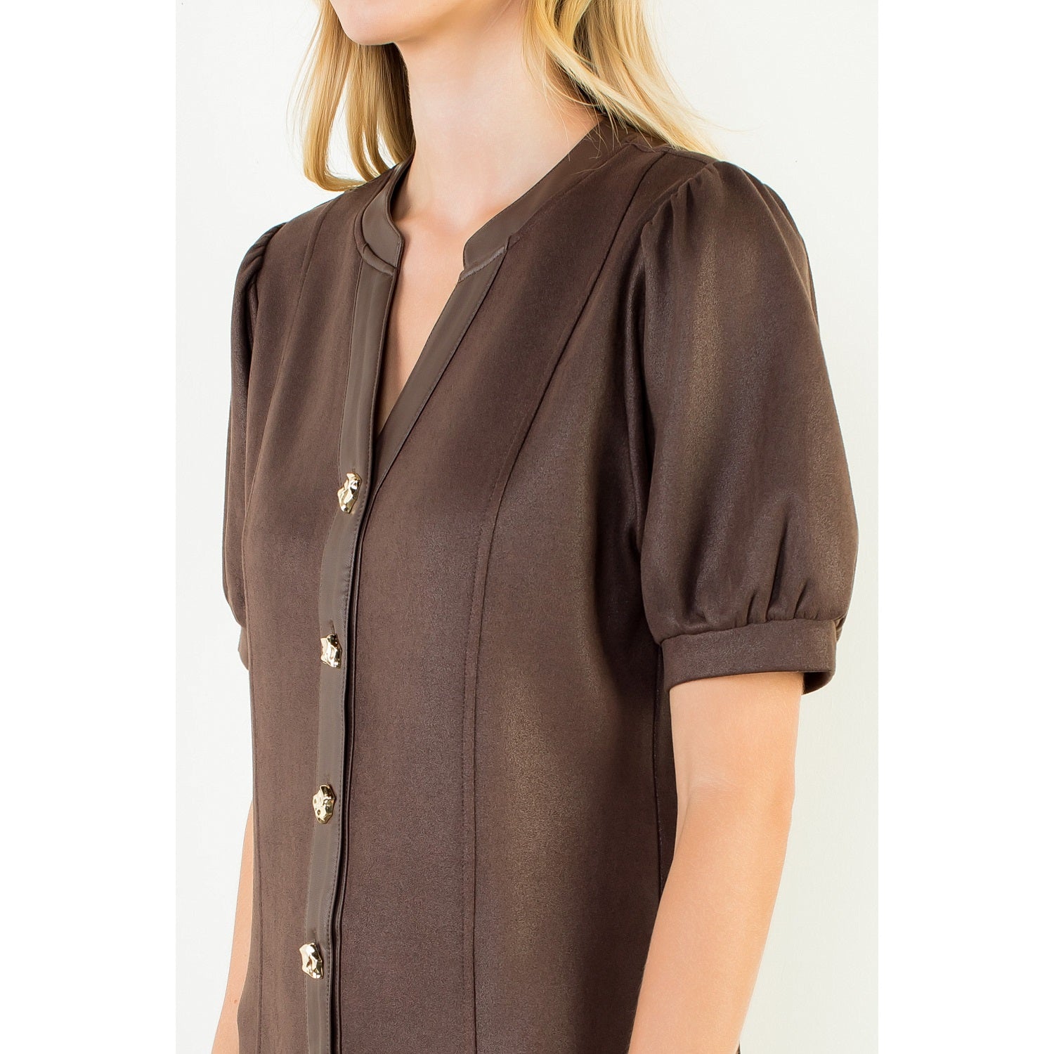 Suede Short Dress with Gold Buttons - Brown