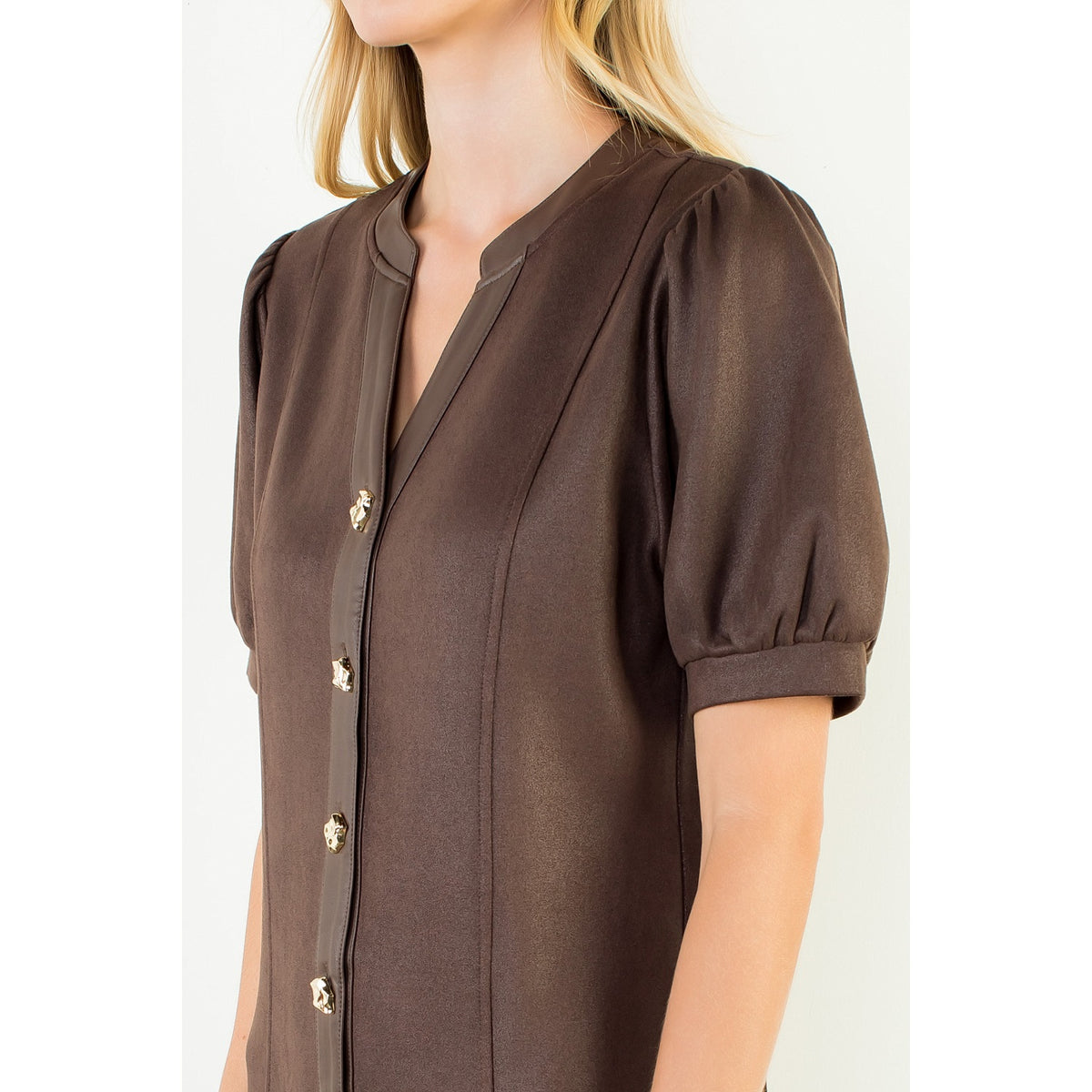 Suede Short Dress with Gold Buttons - Brown