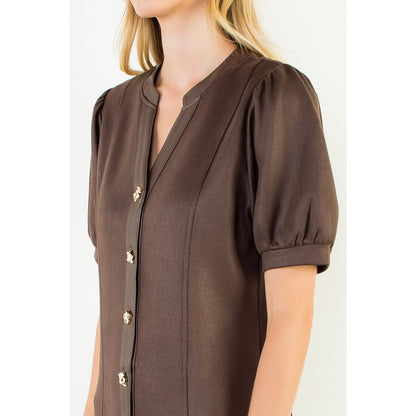 Suede Short Dress with Gold Buttons - Brown