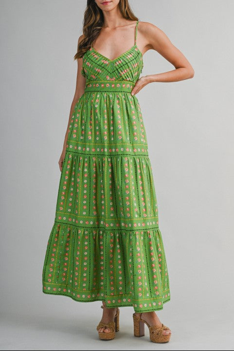 Wallpaper Print V-Neck Tiered Maxi Dress - Green