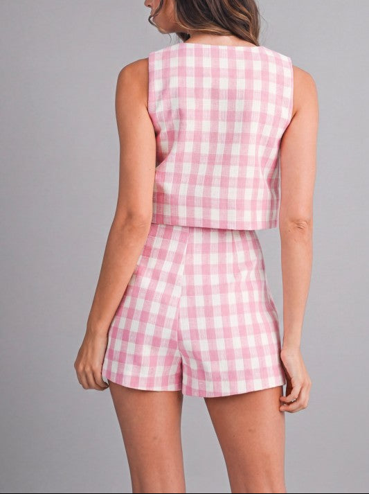 Gingham Scallop Crop Top & Skort Set - Pink