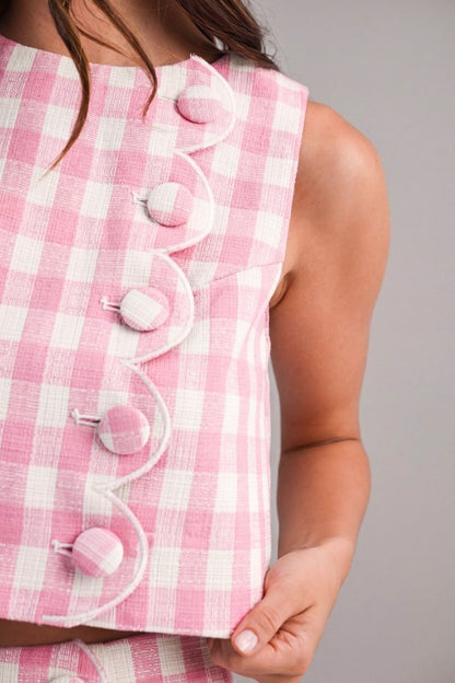 Gingham Scallop Crop Top & Skort Set - Pink