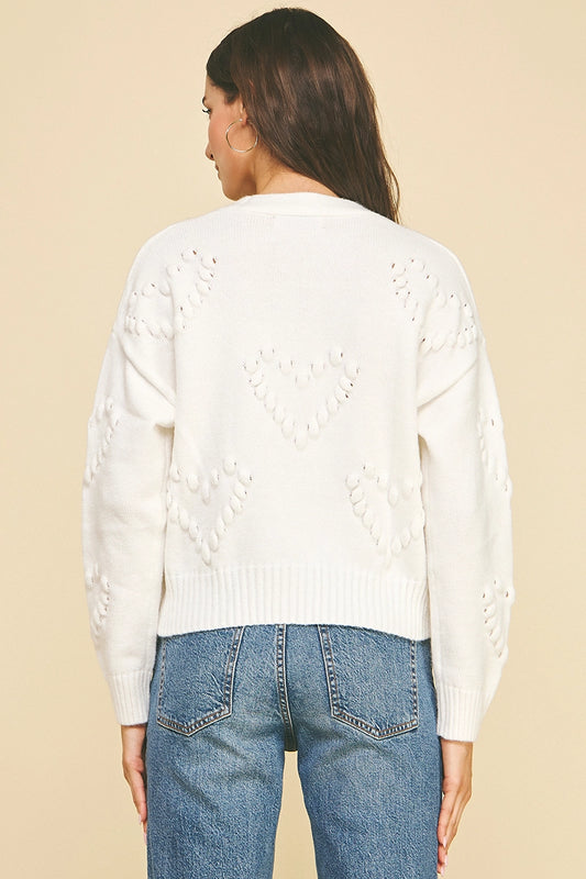 Heart Embroidered Knit Cardigan - White
