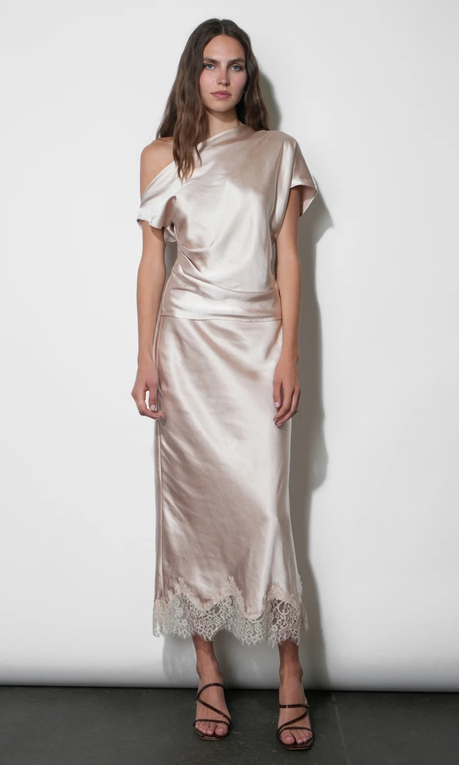 Nellie Asymmetric Satin Draped Off Shoulder Top - Taupe