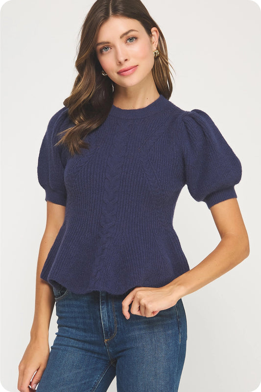 Flared Puff Sleeve Knit Top - Navy