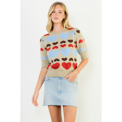 Short Sleeve Heart Knit Top - Taupe