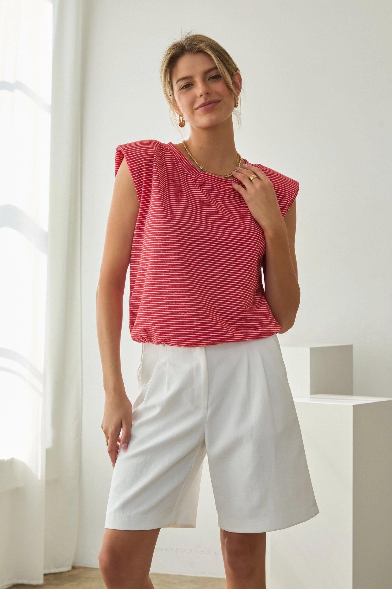 Stripe Knit Bubble Hem Tank Top - Red