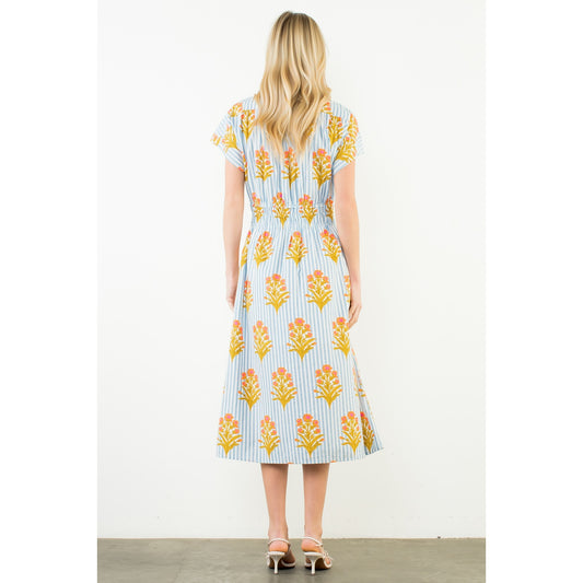 Short Sleeve Floral Striped Print Dress - Blue