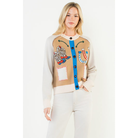 Western Theme Embroidery Detail Cardigan - Cream