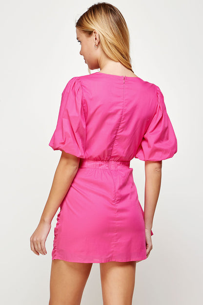 Ruched Short Puff Sleeve Voile Mini Dress - Fuchsia
