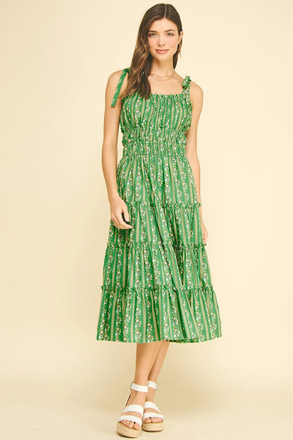 Floral Tiered Midi Dress - Green