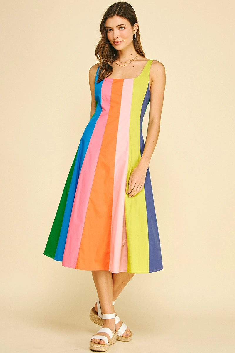 Rainbow Colorblock A-Line Midi Dress - Multi Stripe