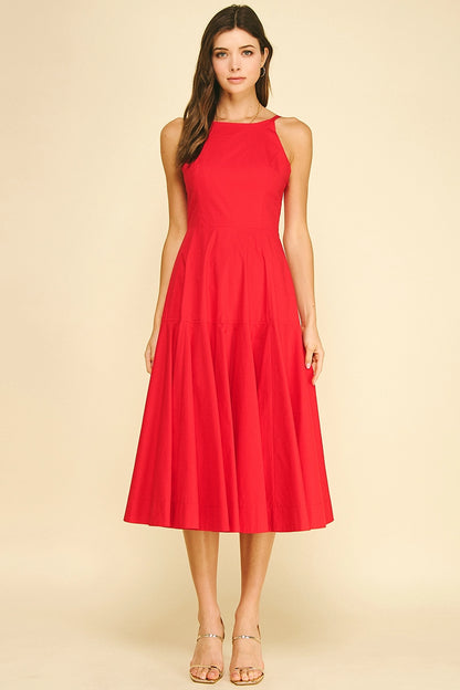 Halter Neck A-Line Midi Dress - Red