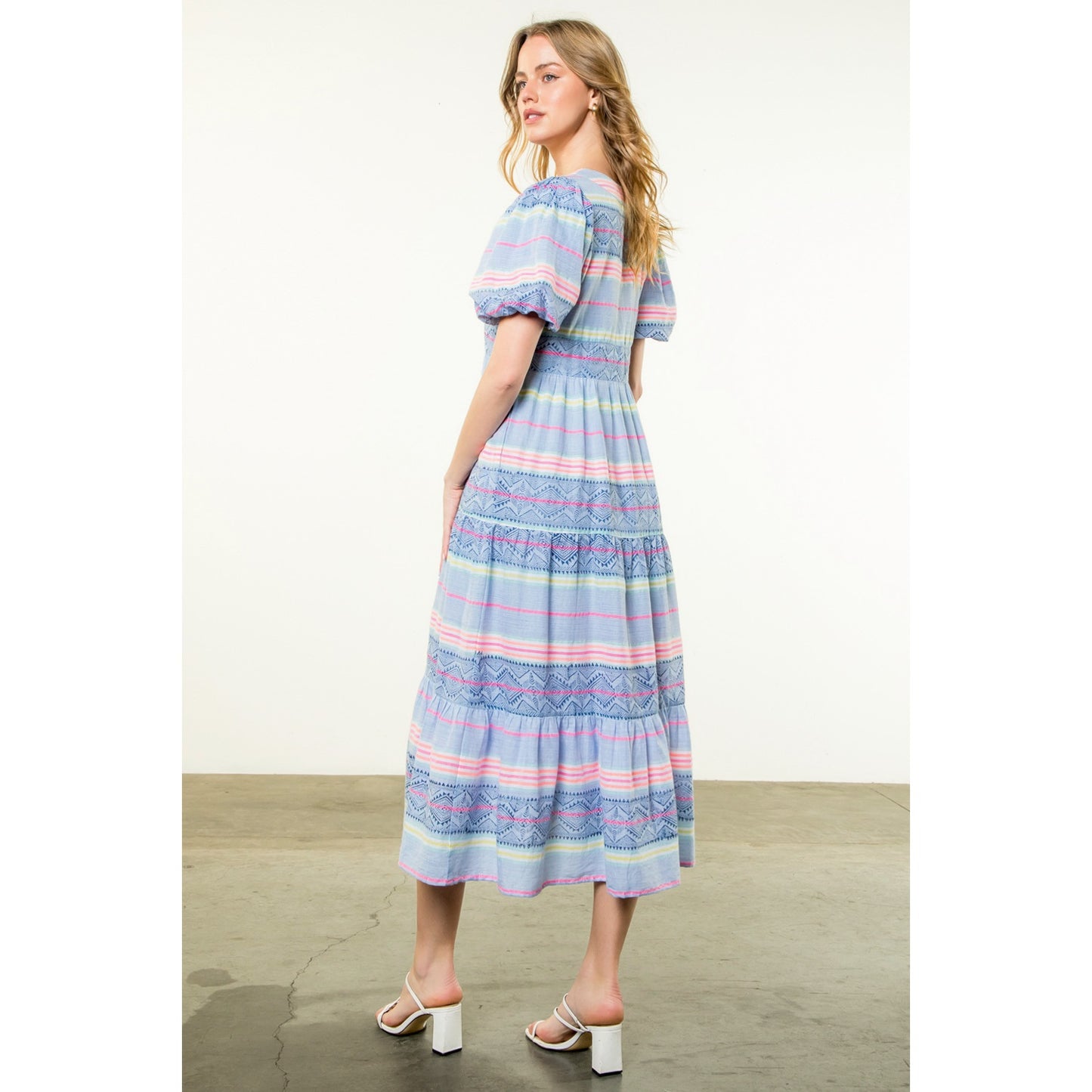 THML - Puff Sleeve Pattern Dress - Blue