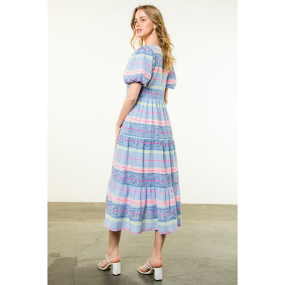THML - Puff Sleeve Pattern Dress - Blue