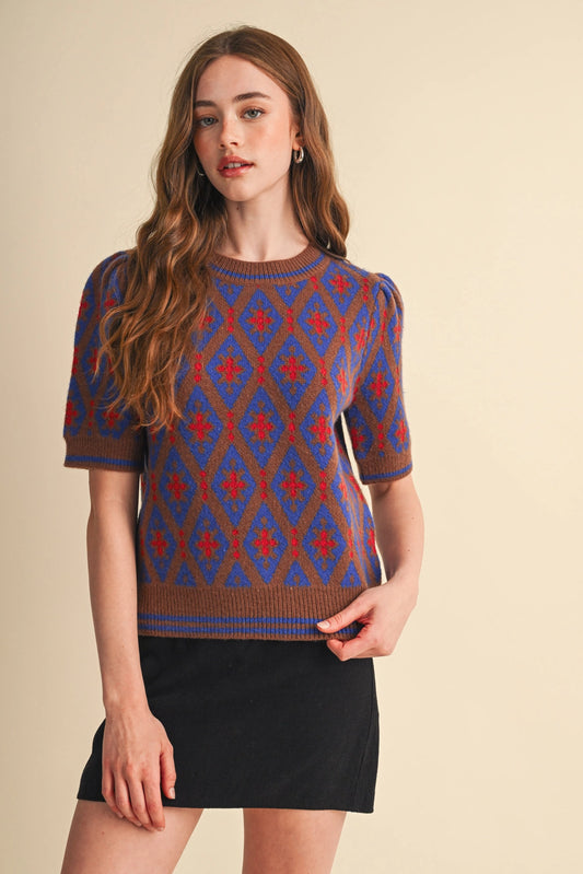 Geometric Knit Short Sleeve Sweater - Blue Brown