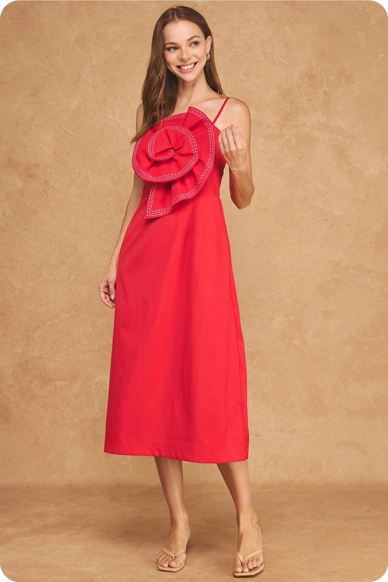 Statement Flower Rosette Top - Stitched Midi Dress - Red/Fuchsia